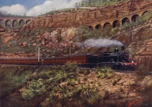 Express Train on the new line between Sydney and Bendigo, showing the old Zig-zag Viaducts by English School